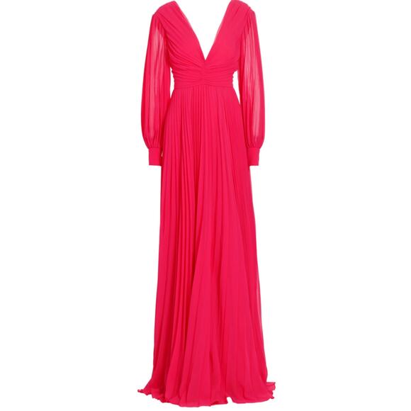 Bagdley Mischka Plisse pleated chiffon formal gown ($795) Pink long sleeve 2 - Picture 3 of 11